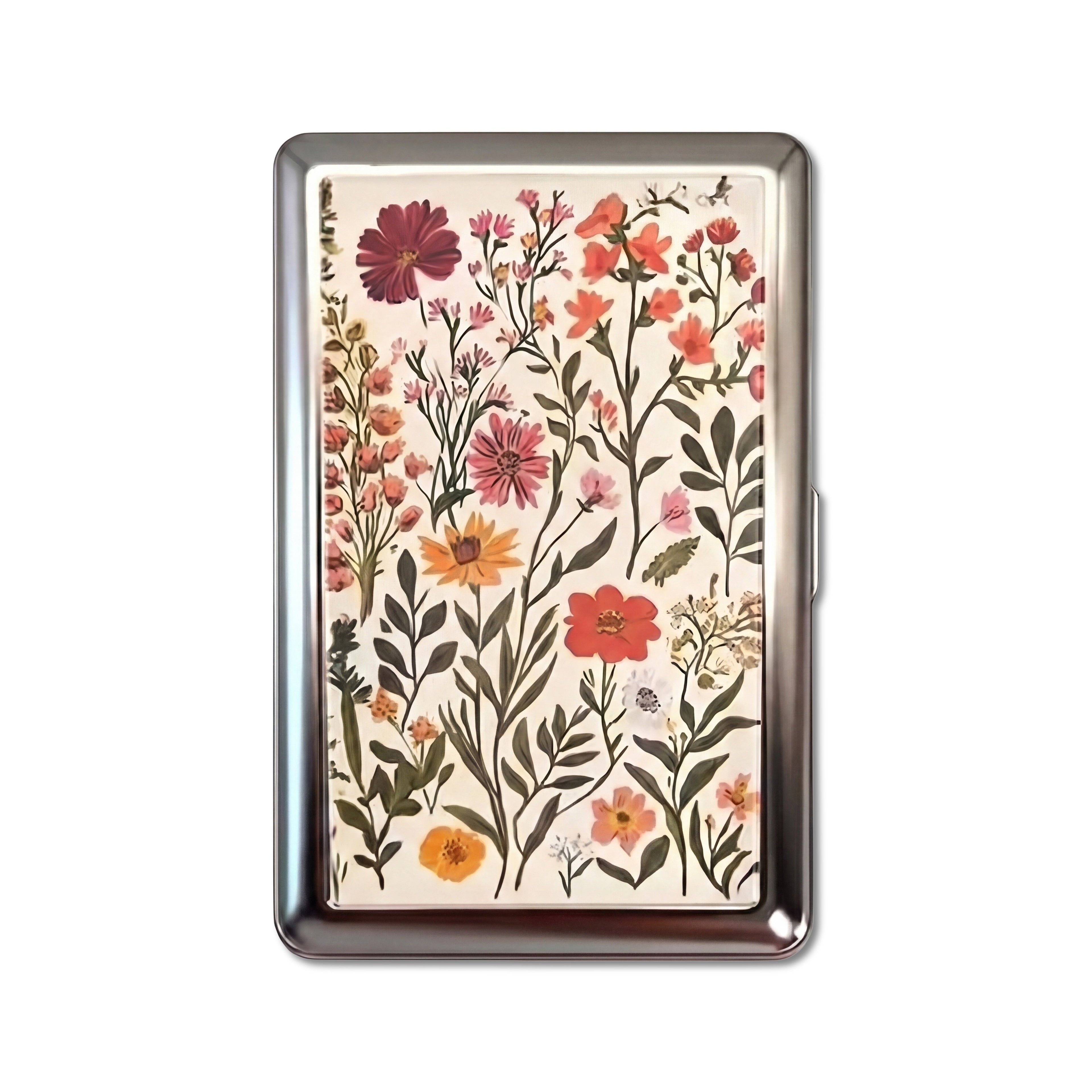 Wildflower Press tin cardholder wallet with pressed botanical flowers on cream background
