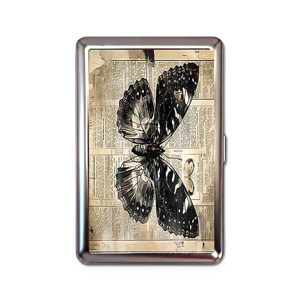 Yesterday's News tin cardholder wallet with black butterfly on vintage newspaper print design