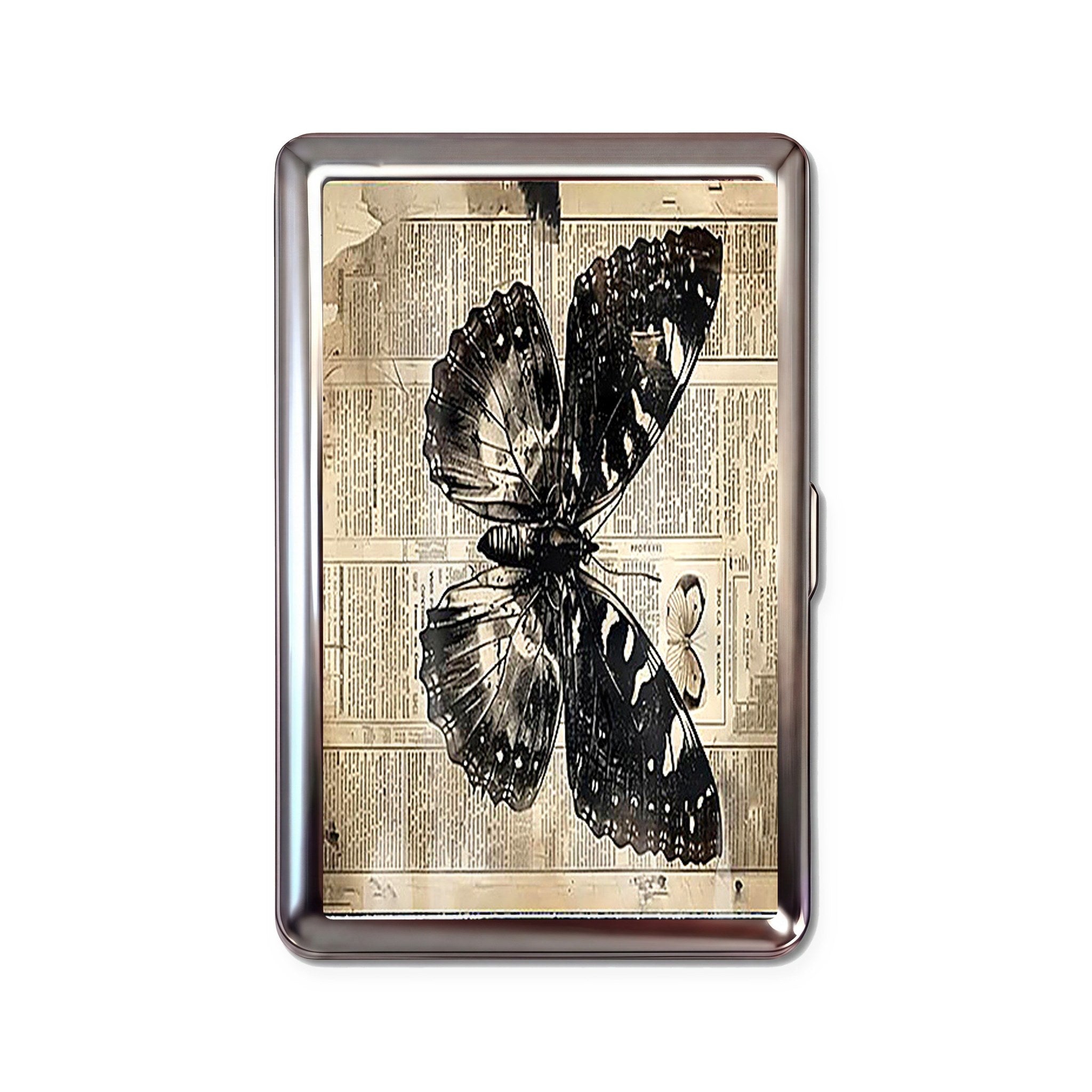 Yesterday's News tin cardholder wallet with black butterfly on vintage newspaper print design