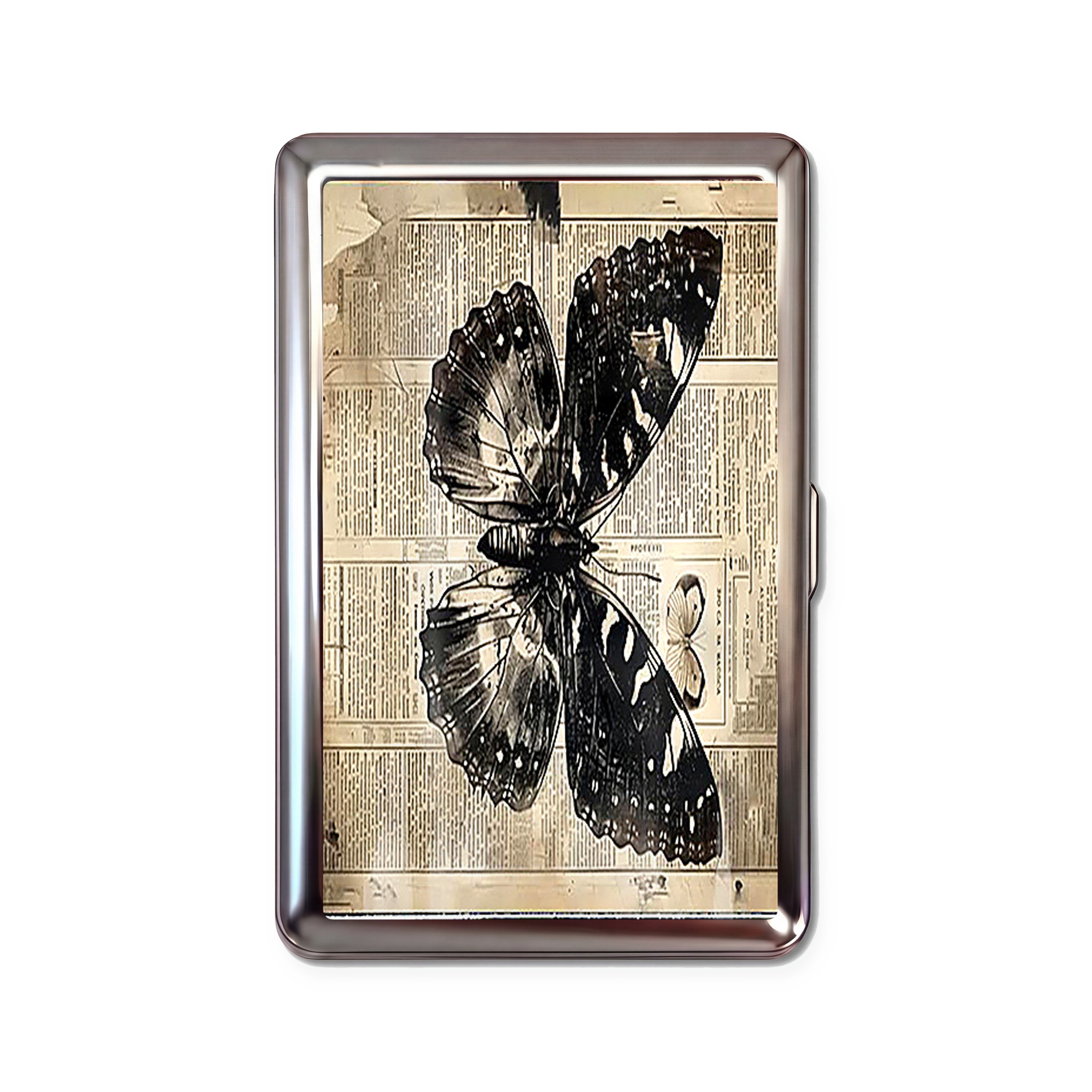 Yesterday's News tin cardholder wallet with black butterfly on vintage newspaper print design